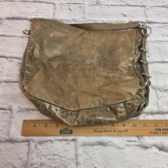 Michael Kors Designer Shoulder Bag Metallic Taupe Leather w/ Chain Accent - Picture 12 of 14